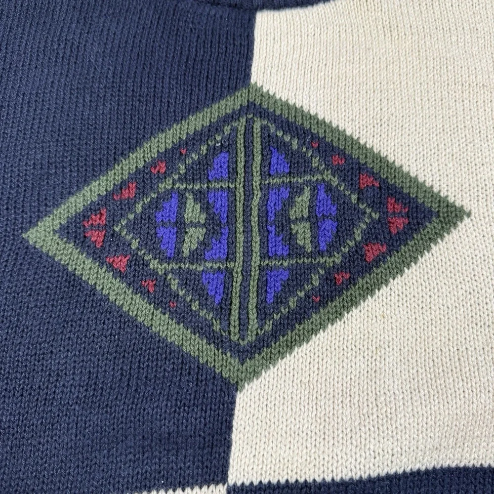 Vintage Michael Gerald Sweater Size‎ Large Geometric Grandpa Dad 90s Navy/Ivory